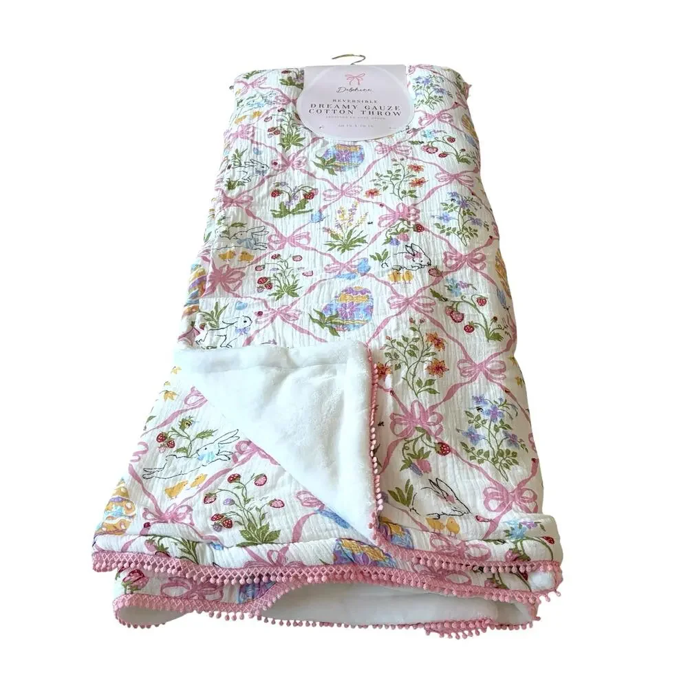 Envogue Reverse to Plush Dreamy Gauze Blanket 50x70 Easter Bunnies & Bows NEW